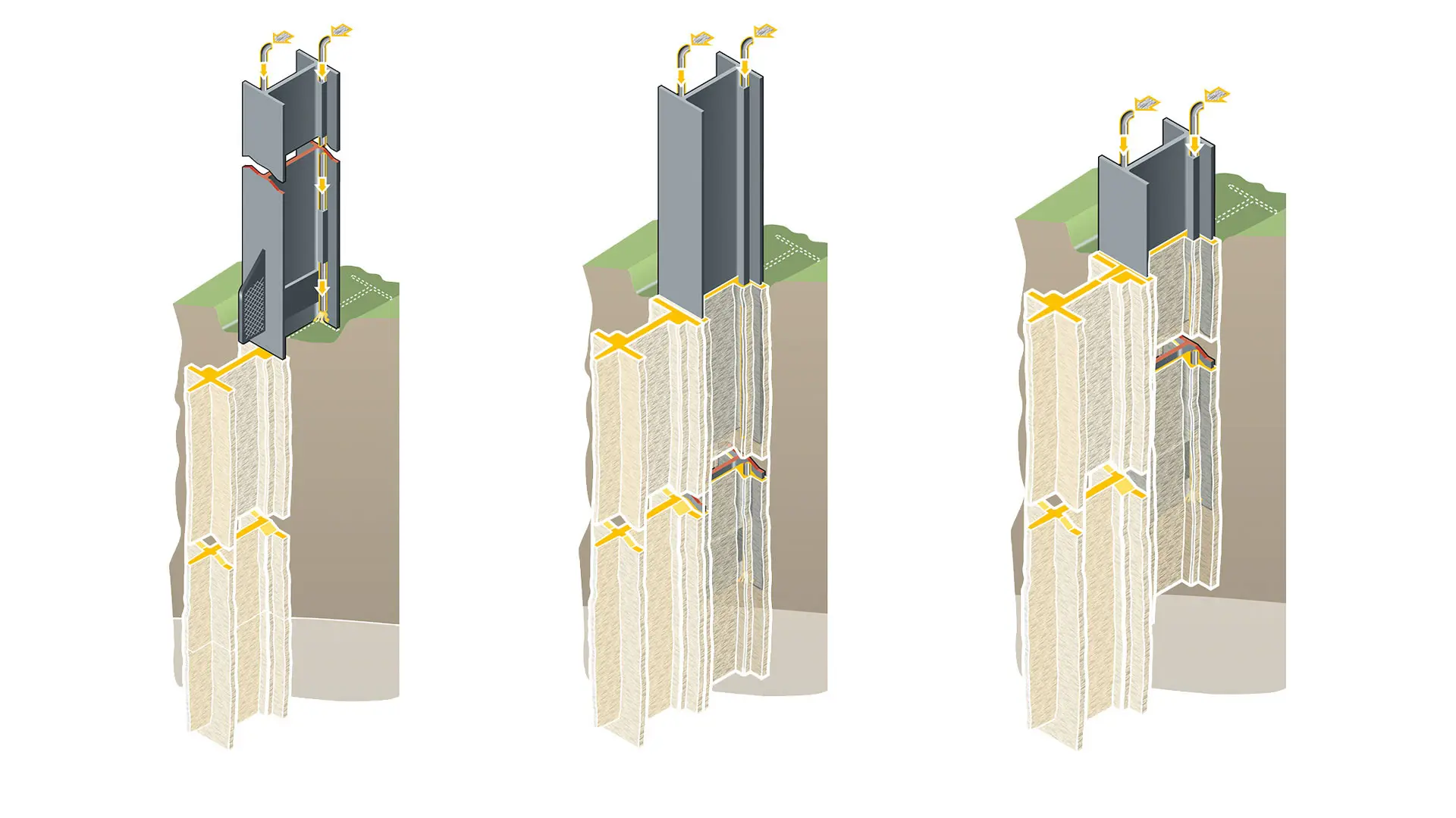 Illustrating the process of vibrating in a thin slurry wall